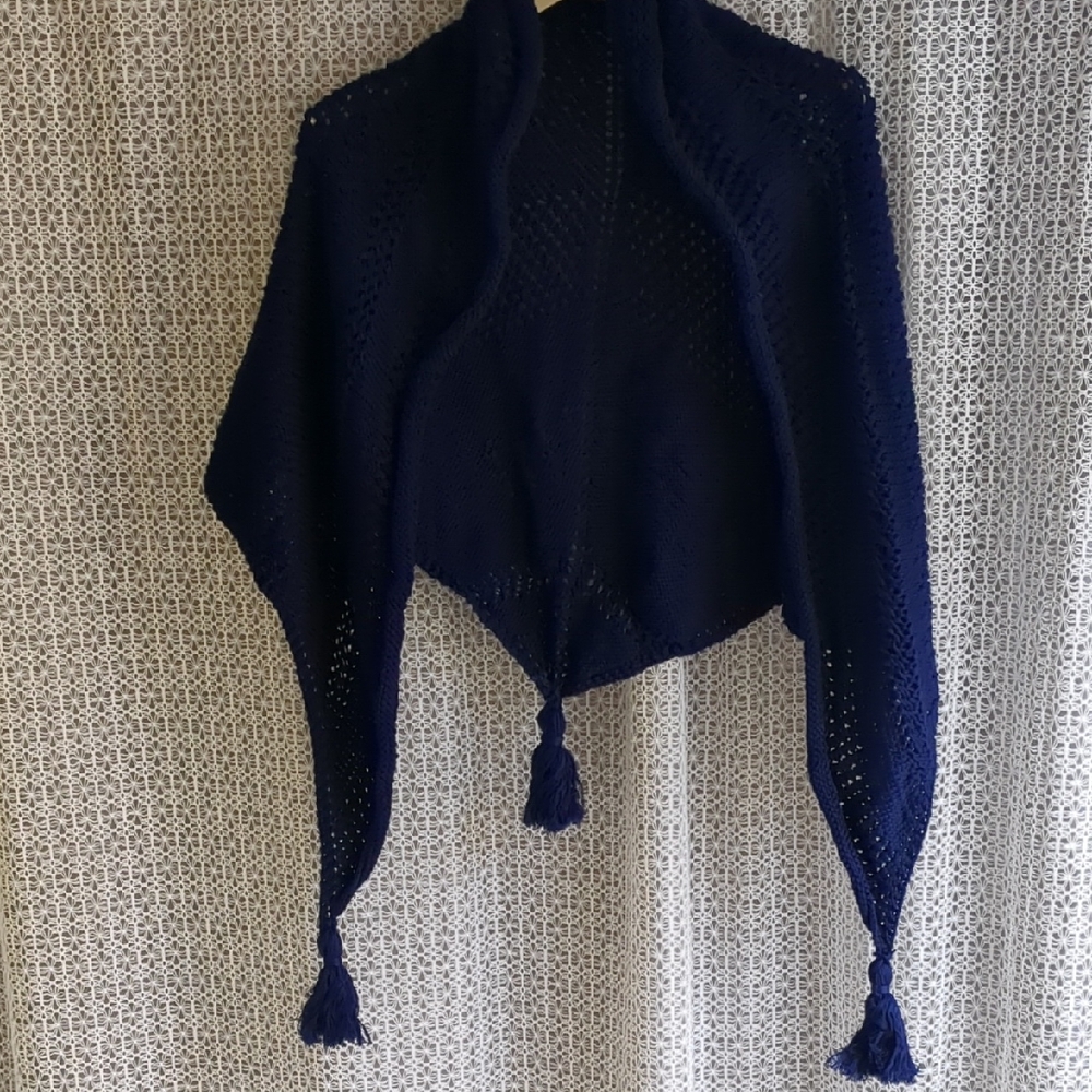 Navy Blue Cotton Hand Knit Women's Shawl with Tassels